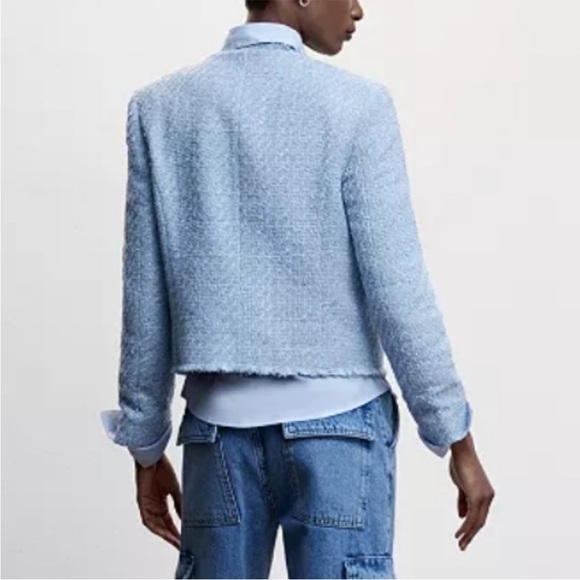 Mango Blogger Favorite Pocket Tweed Jacket Light Blue Pearl Buttons NWT Size XL - Picture 6 of 12